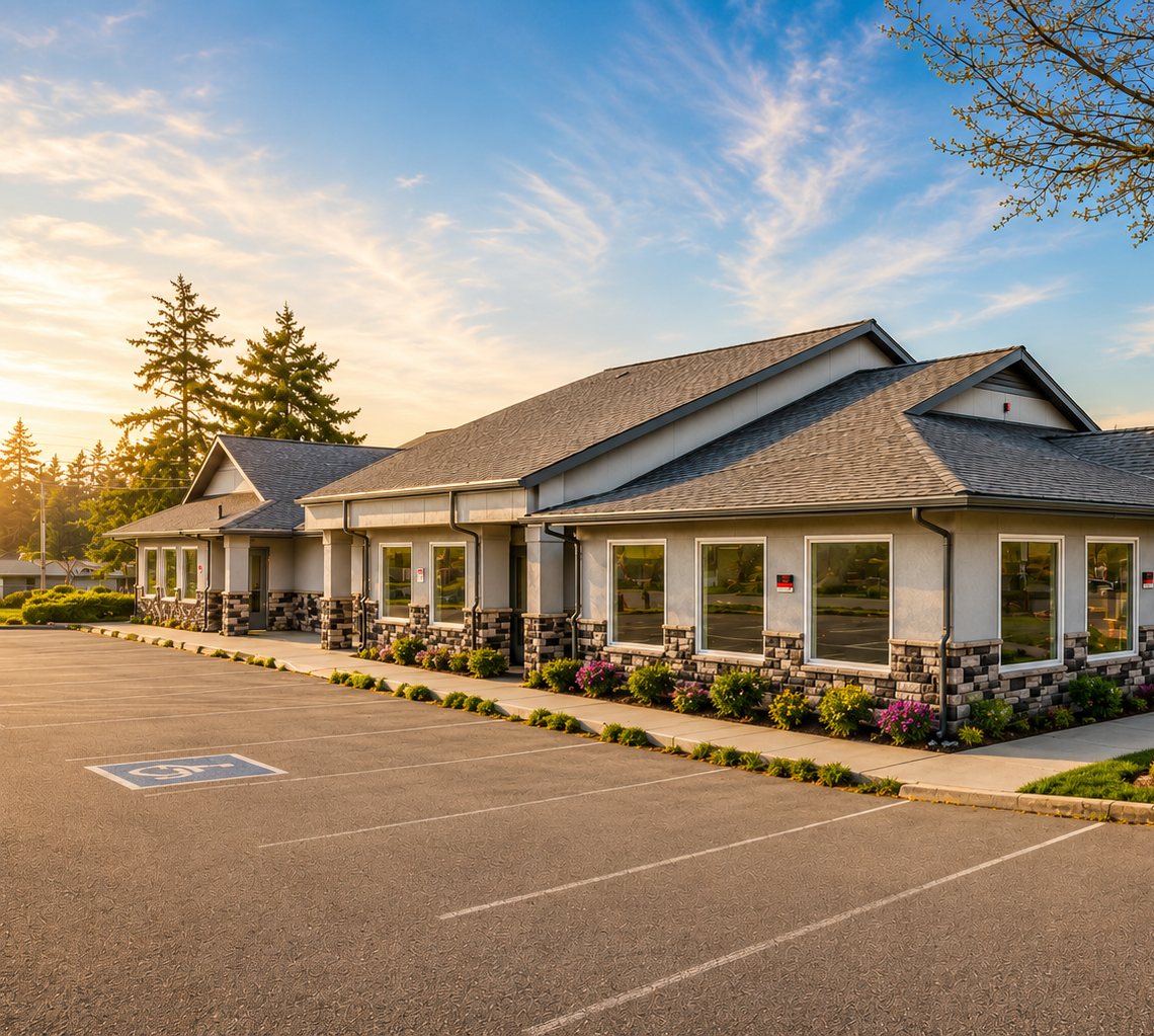 Modern single-story childcare facility exterior at sunset in Oak Harbor, Whidbey Island